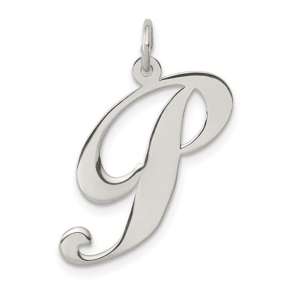 Sterling Silver, Ella Collection, LG Fancy Script Initial P Pendant - Picture 1 of 5